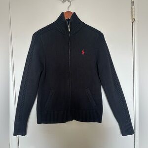 Ralph Lauren Black Zip-Up Sweater with Red Emblem women size m 100 cotton